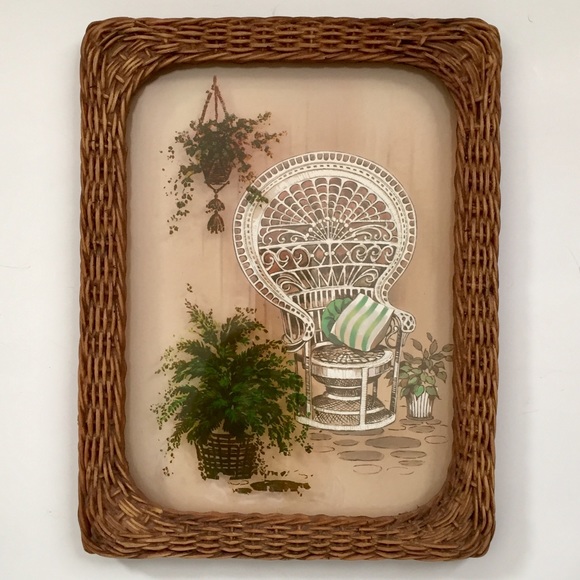 Vintage Other - Vtg 1970s Faux Wicker Boho Peacock Chair Wall Art